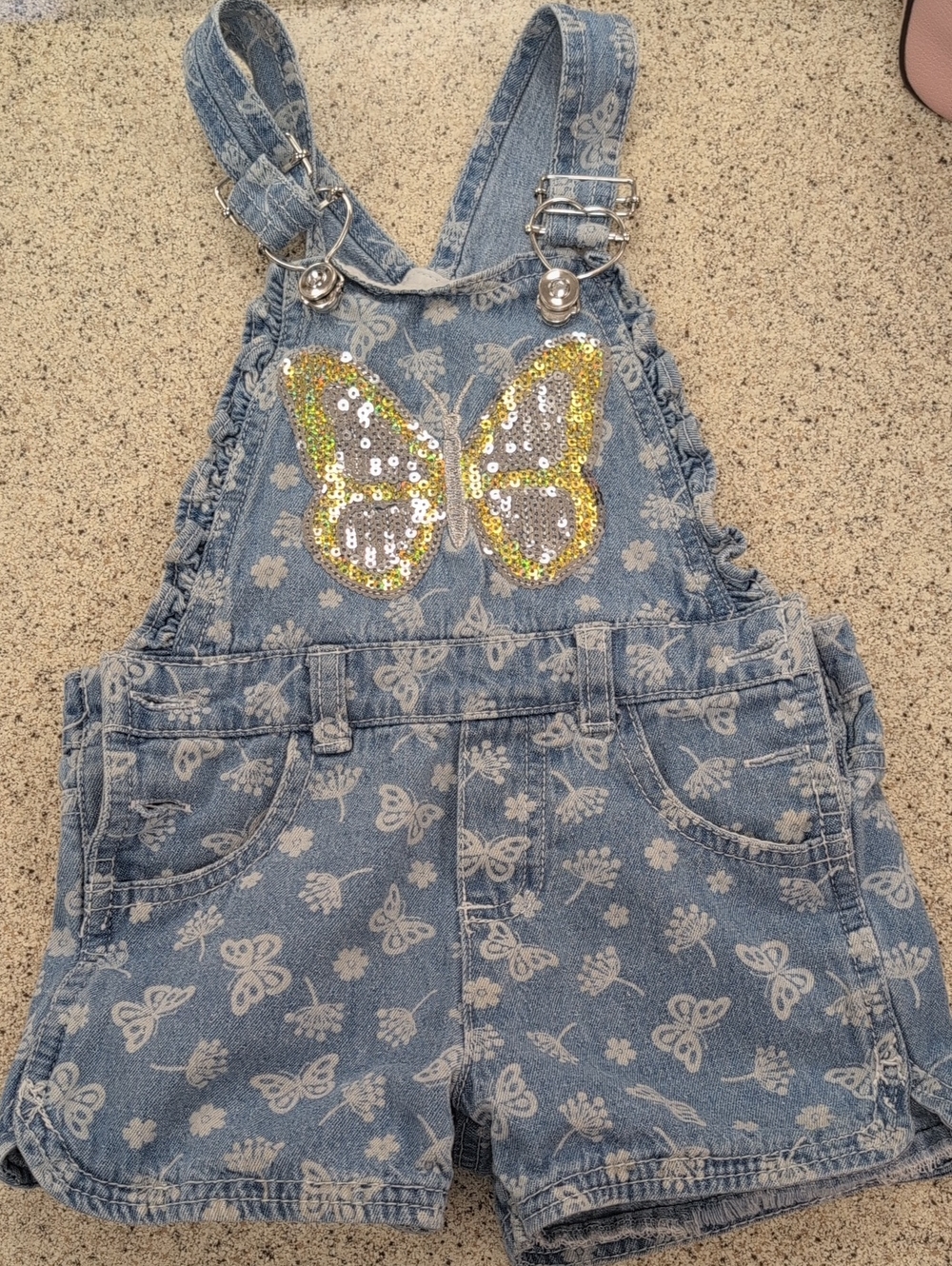 3T Butterfly Sequin Denim Overalls Shorts - Blue